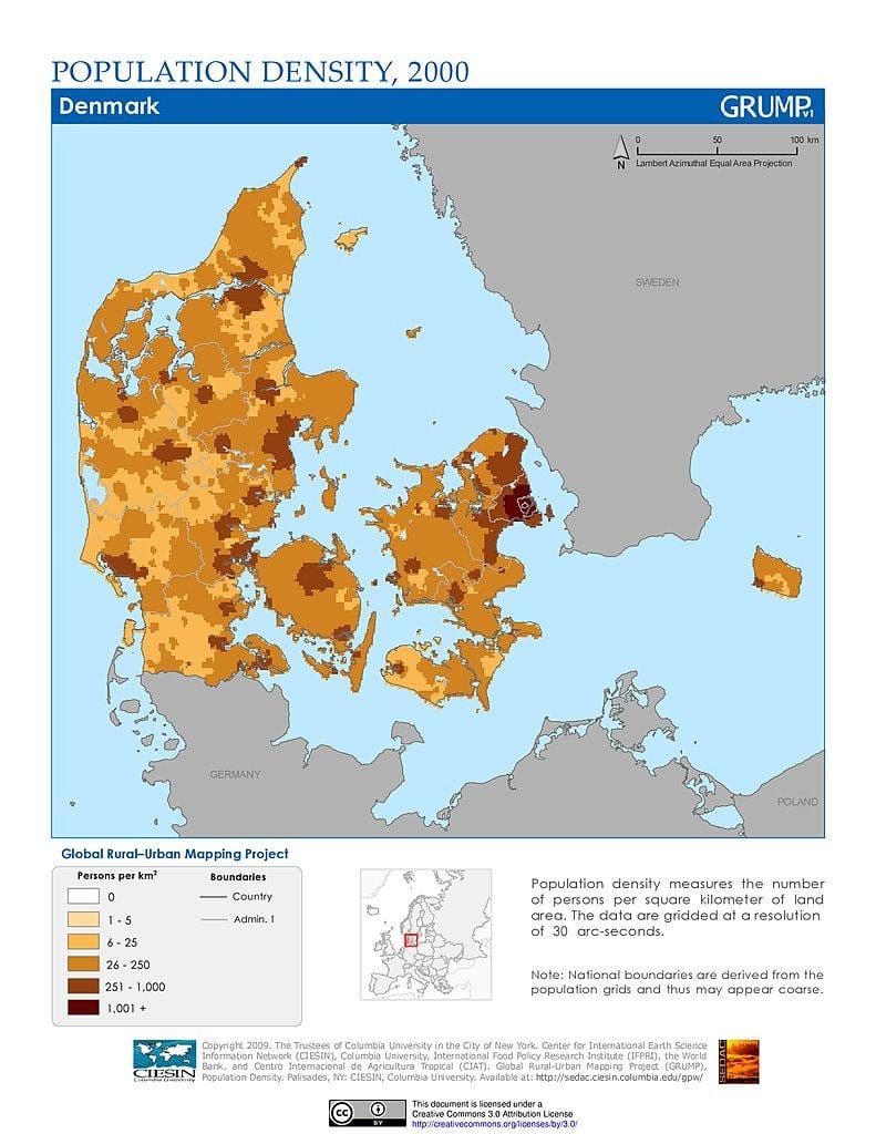 denmark populasyon density mapa